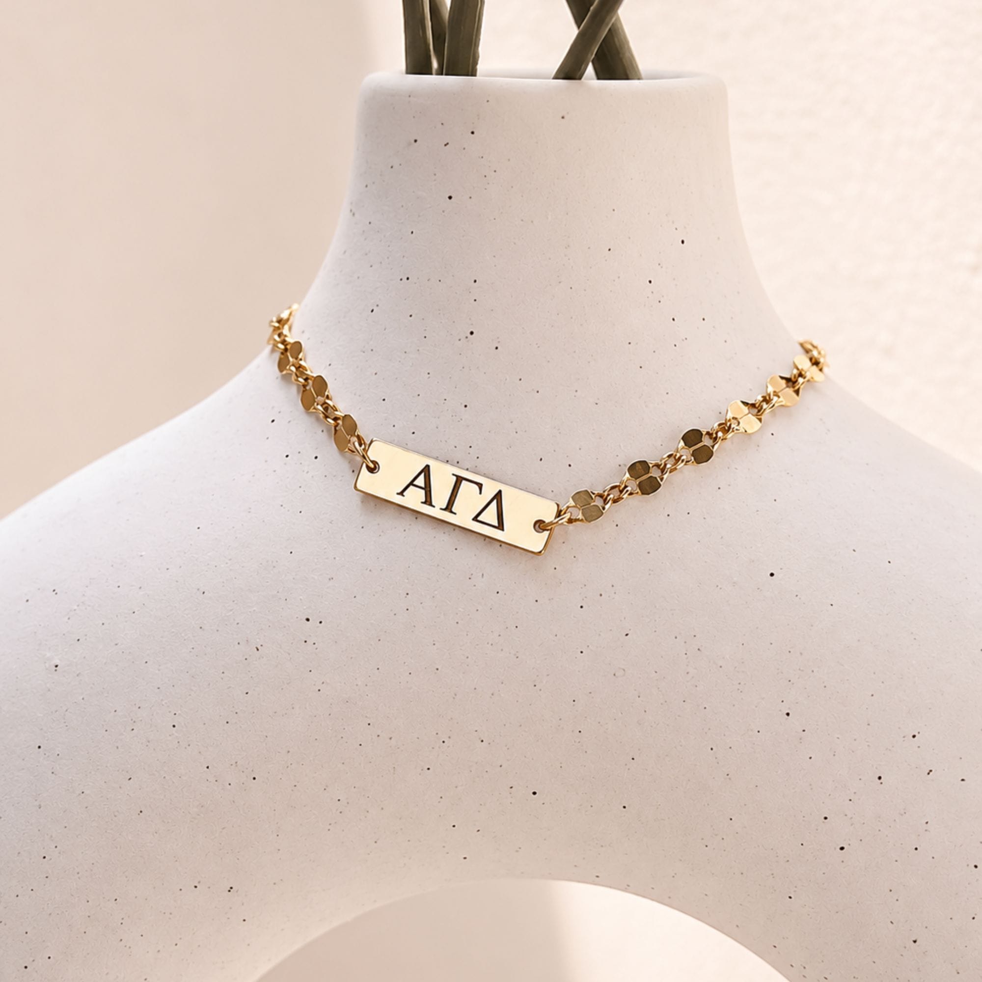 Gold Engraved Alpha Gamma Delta Bar Charm Bracelet