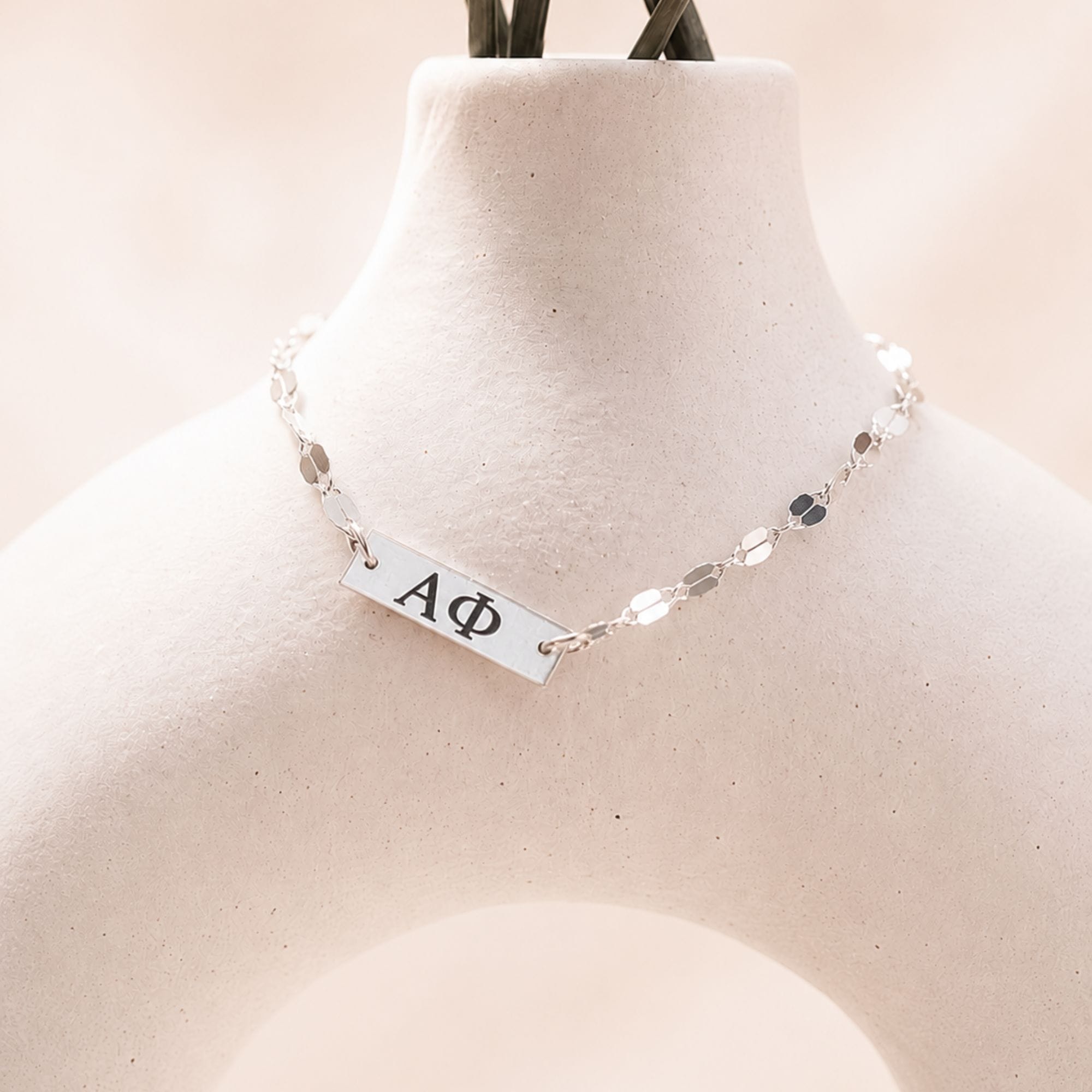 Silver Engraved Alpha Phi Bar Charm Bracelet