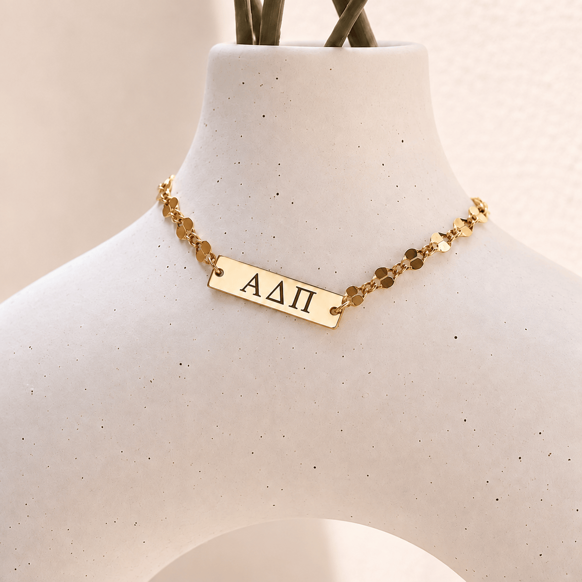 Gold Engraved Alpha Delta Pi Bar Charm Bracelet