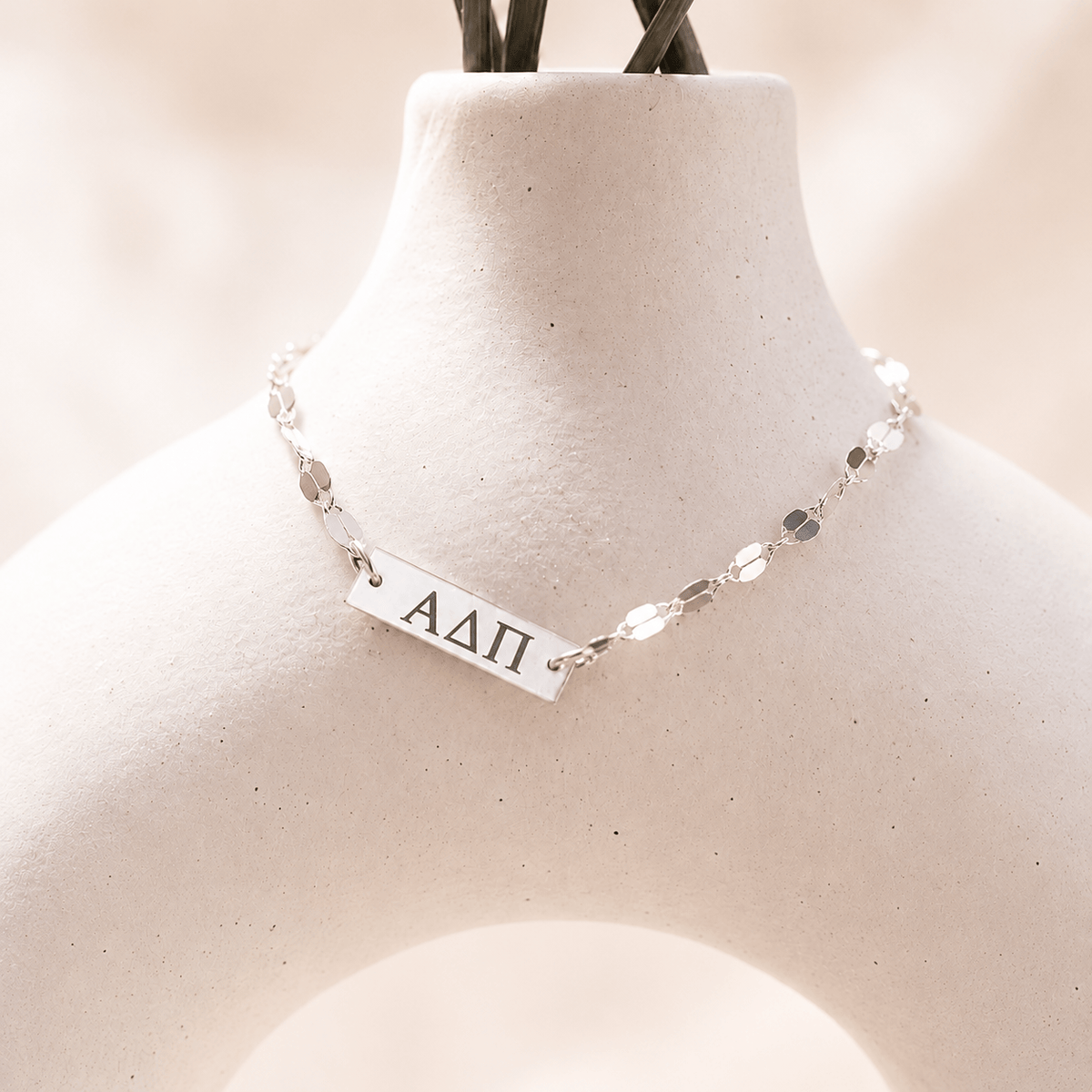 Silver Engraved Alpha Delta Pi Bar Charm Bracelet