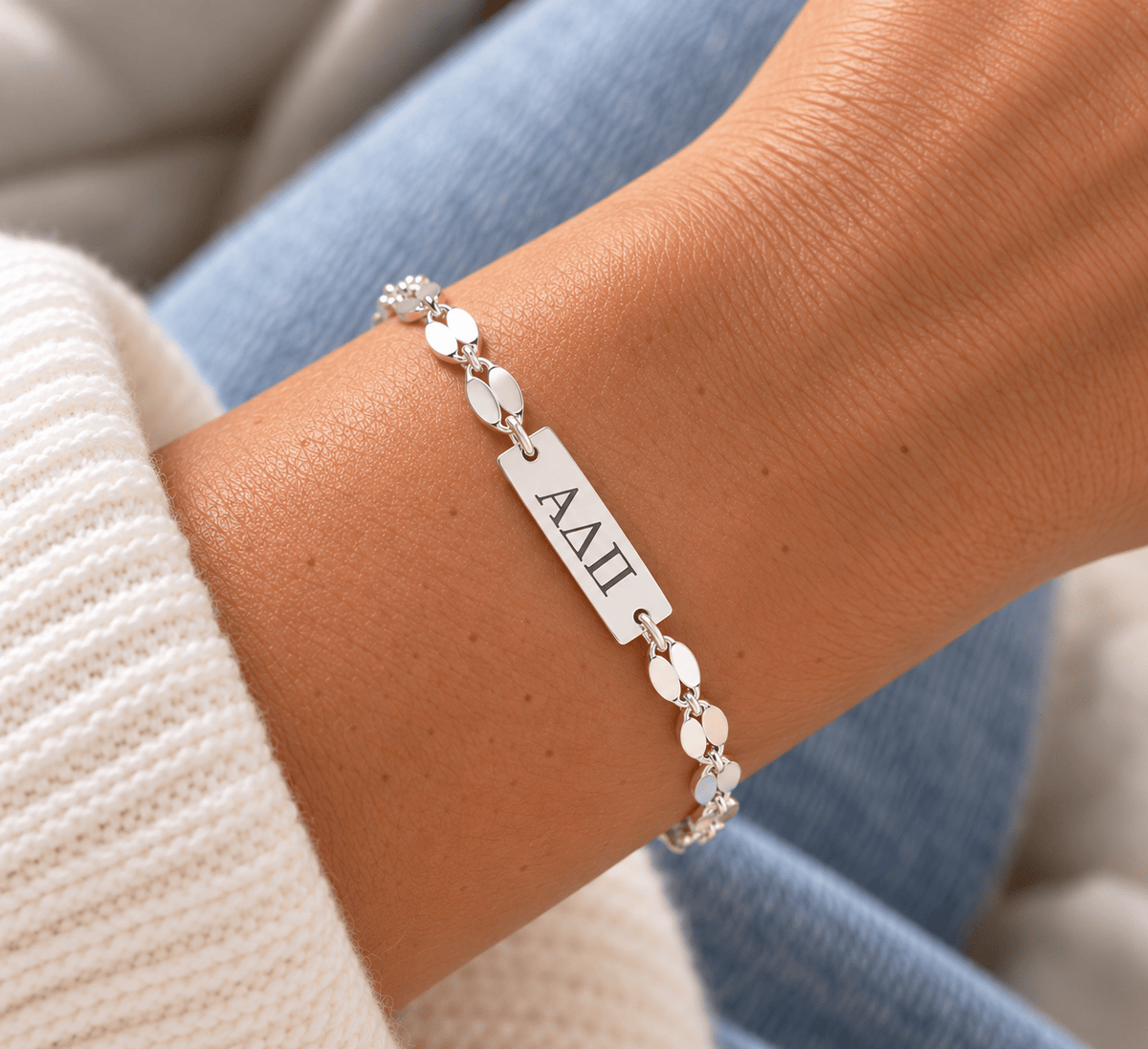 Silver Engraved Alpha Delta Pi Bar Charm Bracelet