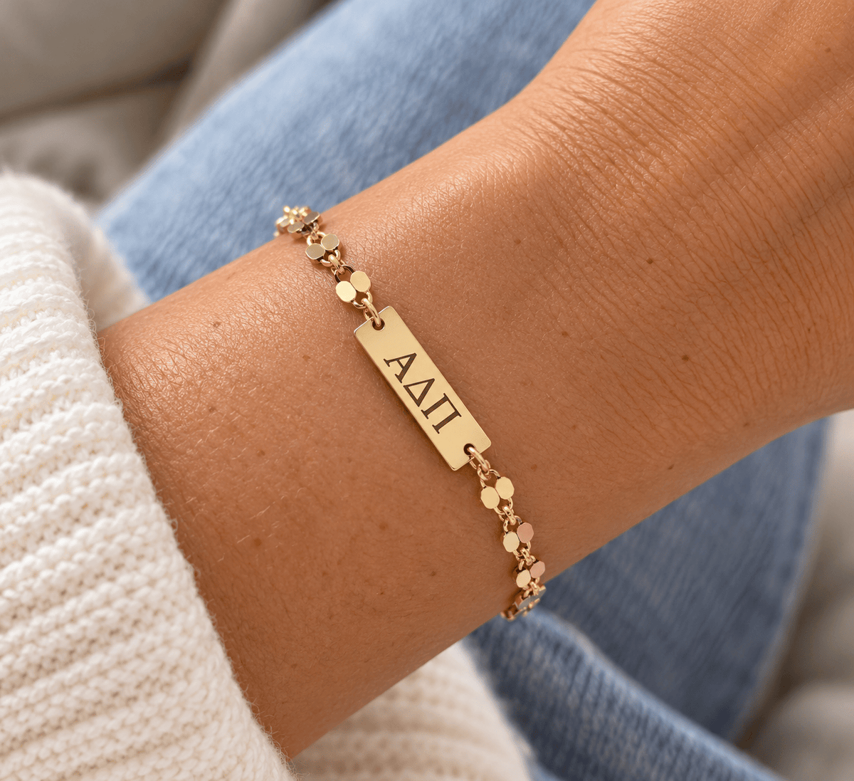 Gold Engraved Alpha Delta Pi Bar Charm Bracelet
