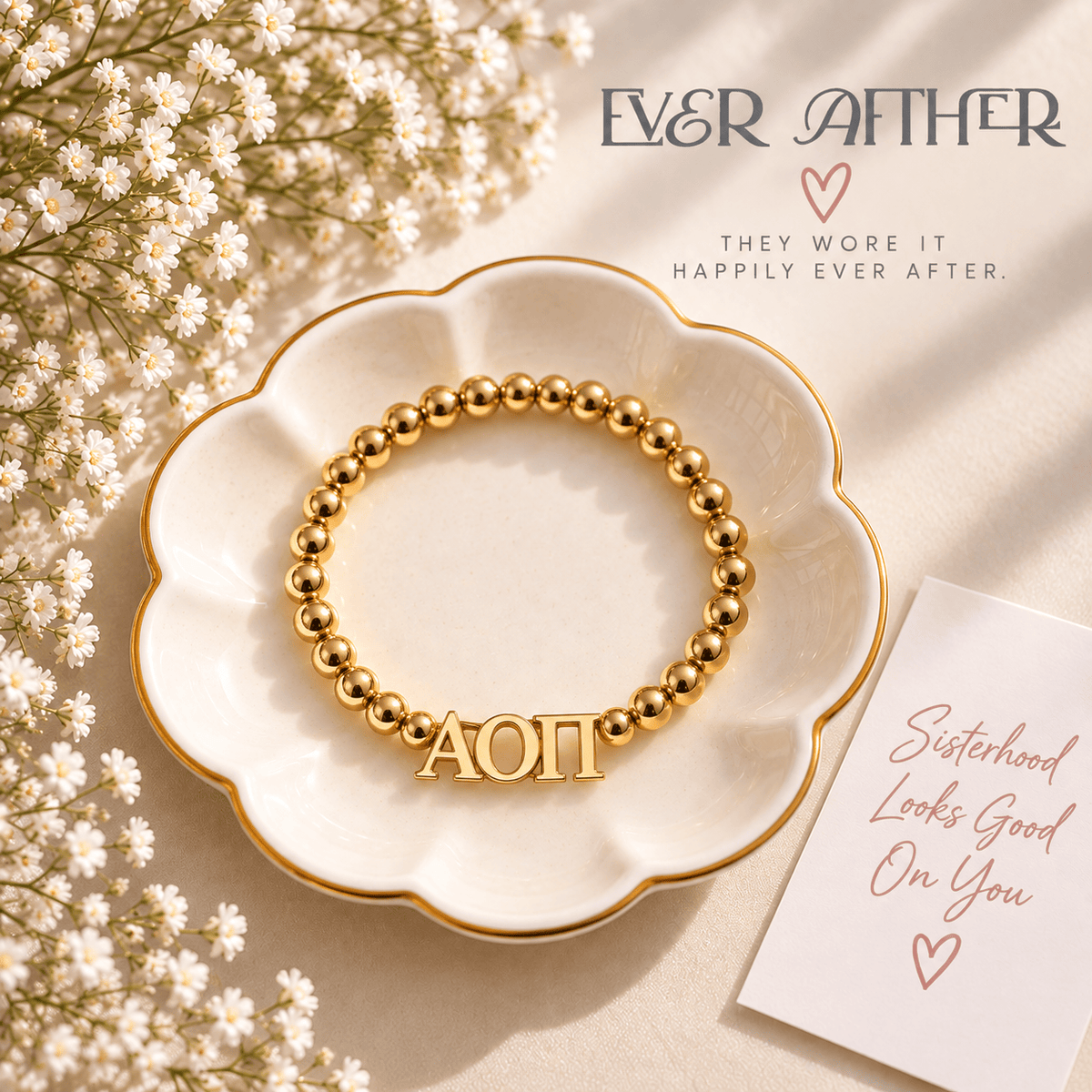 Alpha Omicron Pi Gold Beaded Bracelet
